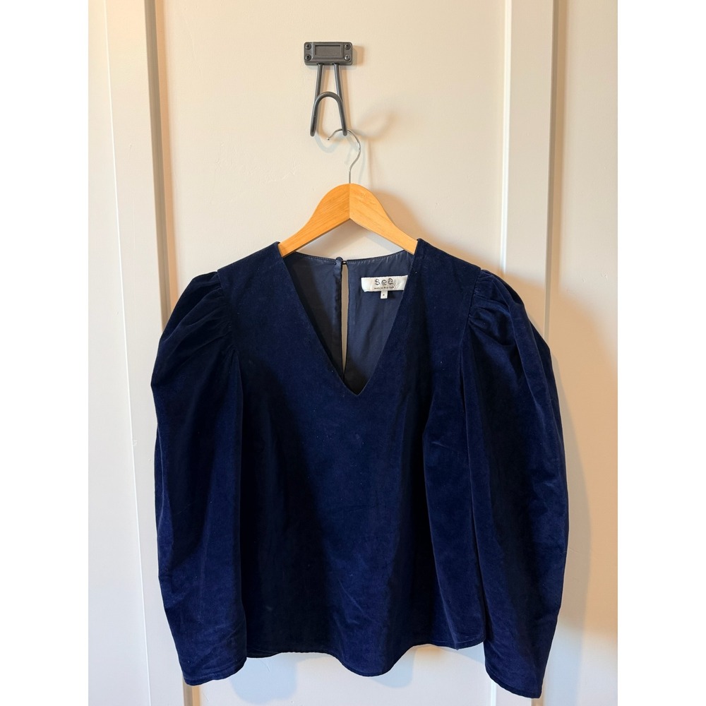 Sea New York Navy Blue Velvet Puff Sleeve V-Neck Blouse Top Size 8